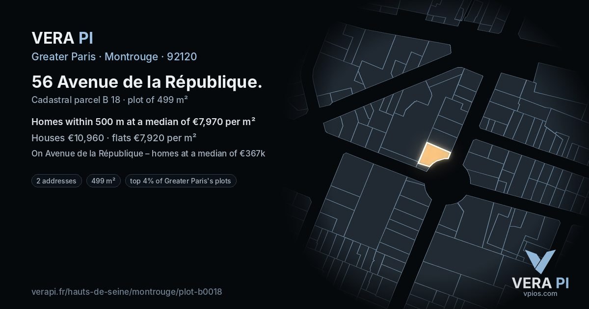 56 Avenue de la République, Montrouge at night – the plot lit, the parcels around coloured by the prices near them
