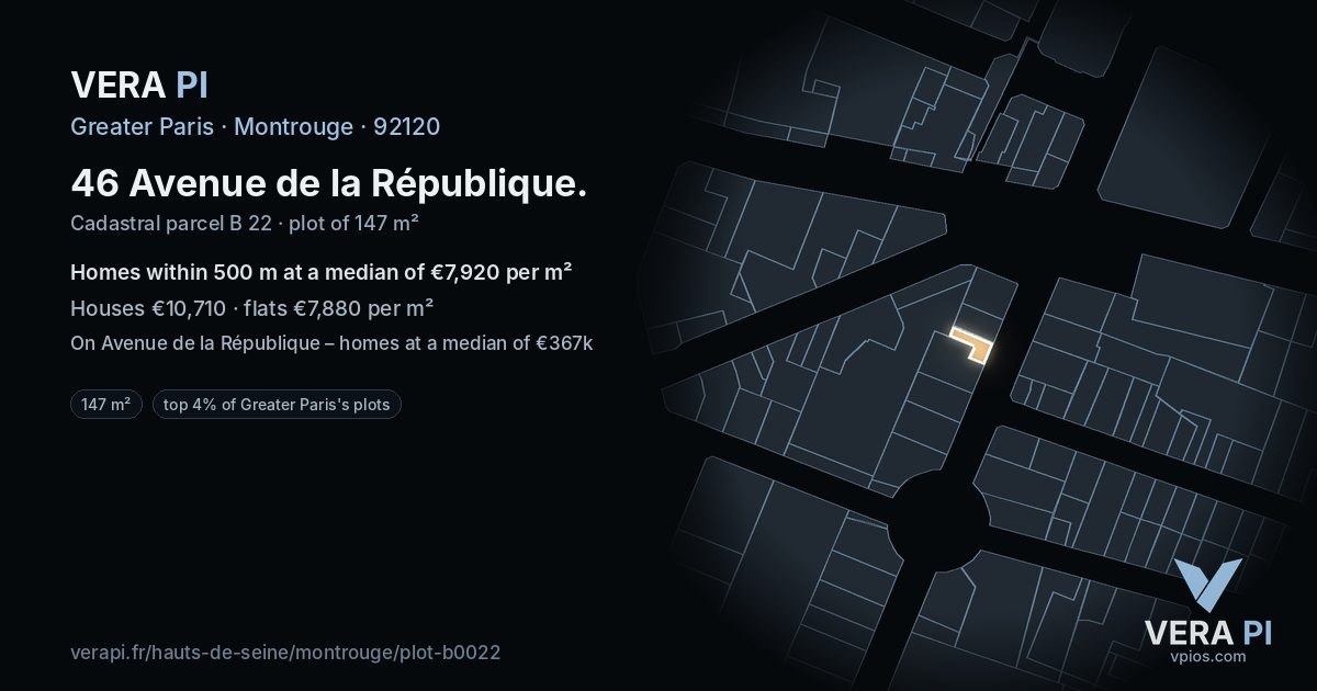 46 Avenue de la République, Montrouge at night – the plot lit, the parcels around coloured by the prices near them