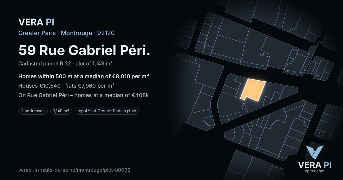 59 Rue Gabriel Péri, Montrouge at night – the plot lit, the parcels around coloured by the prices near them