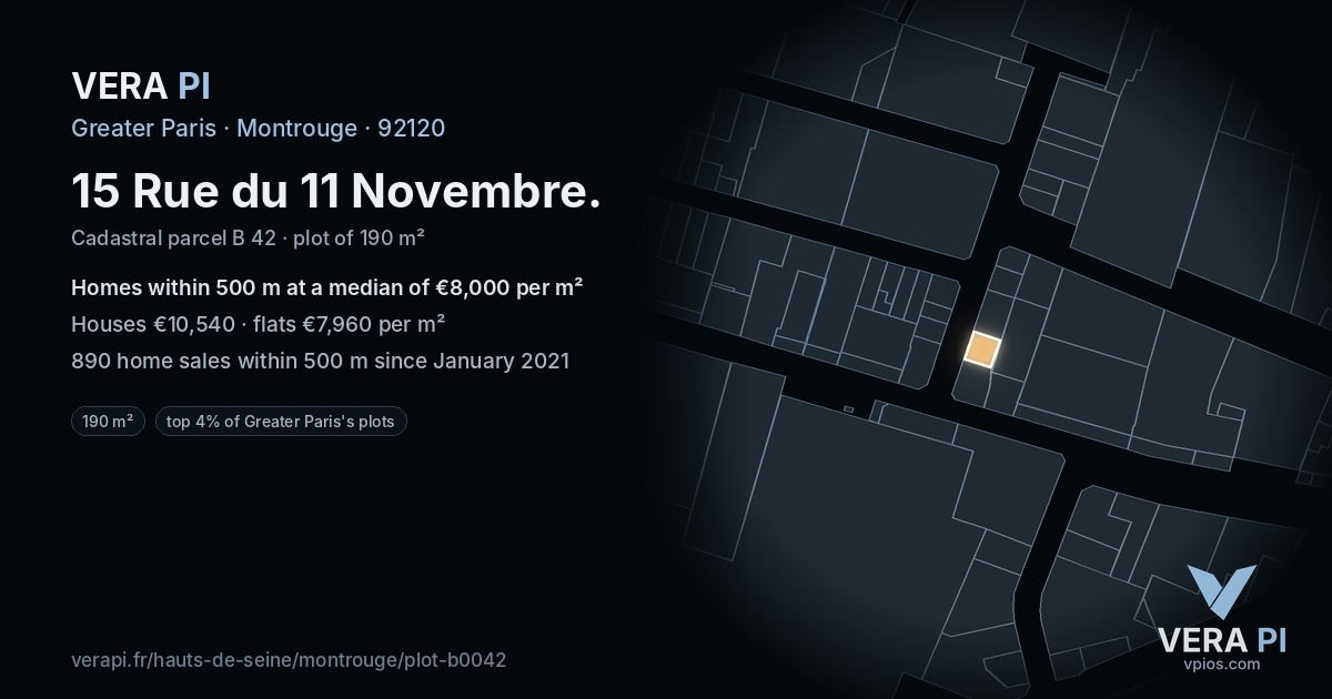 15 Rue du 11 Novembre, Montrouge at night – the plot lit, the parcels around coloured by the prices near them