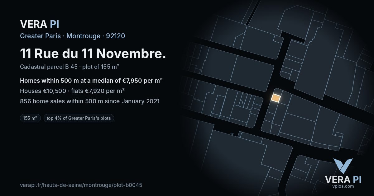 11 Rue du 11 Novembre, Montrouge at night – the plot lit, the parcels around coloured by the prices near them