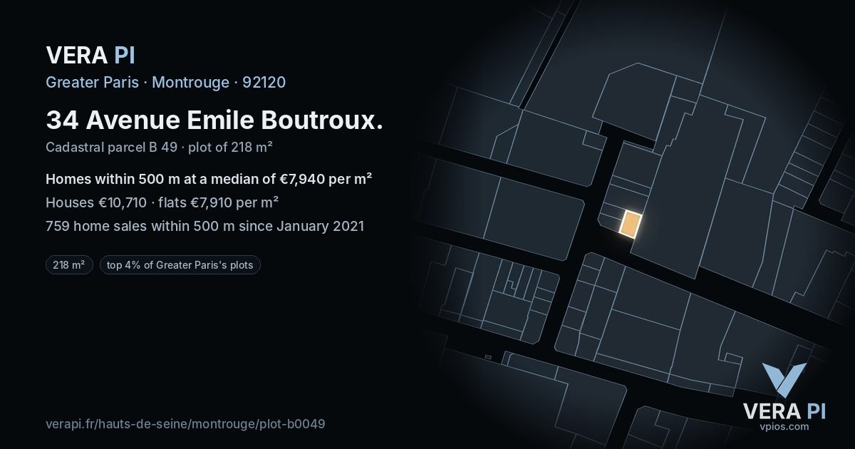 34 Avenue Emile Boutroux, Montrouge at night – the plot lit, the parcels around coloured by the prices near them
