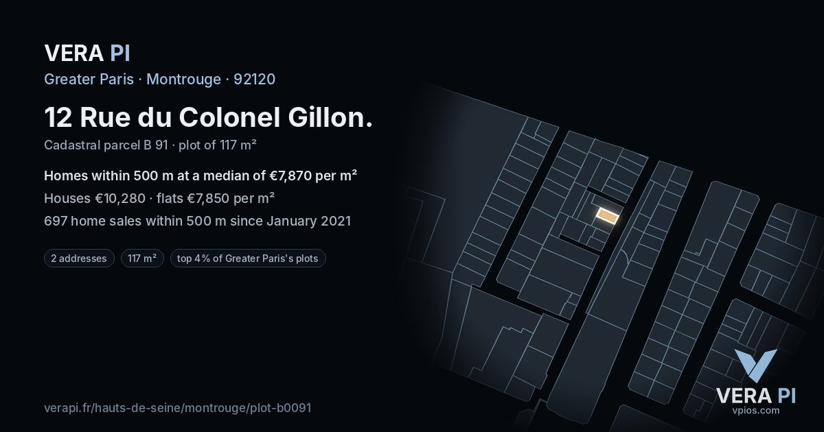 12 Rue du Colonel Gillon, Montrouge at night – the plot lit, the parcels around coloured by the prices near them