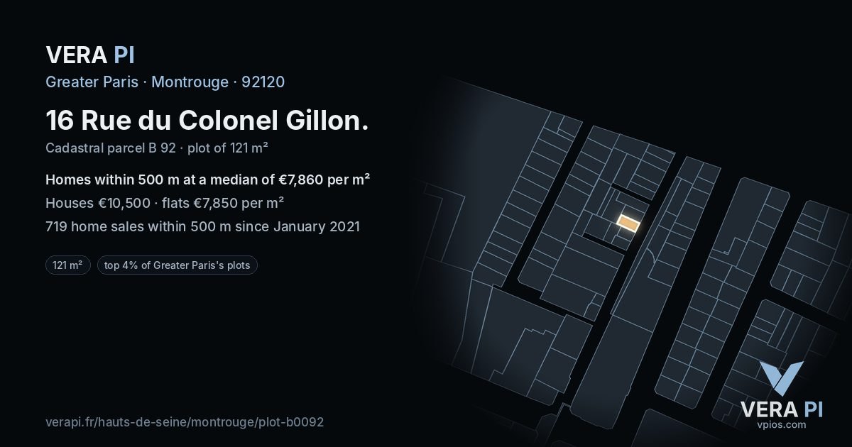 16 Rue du Colonel Gillon, Montrouge at night – the plot lit, the parcels around coloured by the prices near them