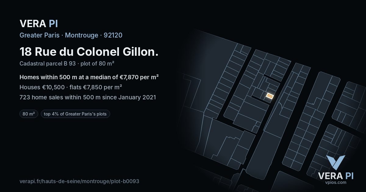 18 Rue du Colonel Gillon, Montrouge at night – the plot lit, the parcels around coloured by the prices near them