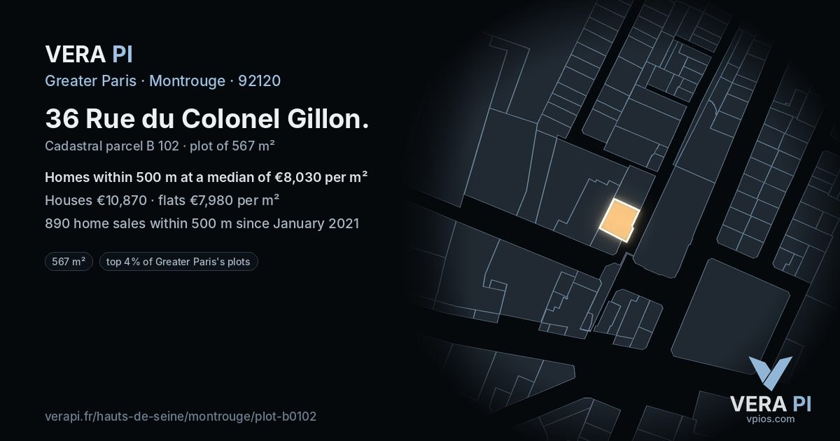 36 Rue du Colonel Gillon, Montrouge at night – the plot lit, the parcels around coloured by the prices near them