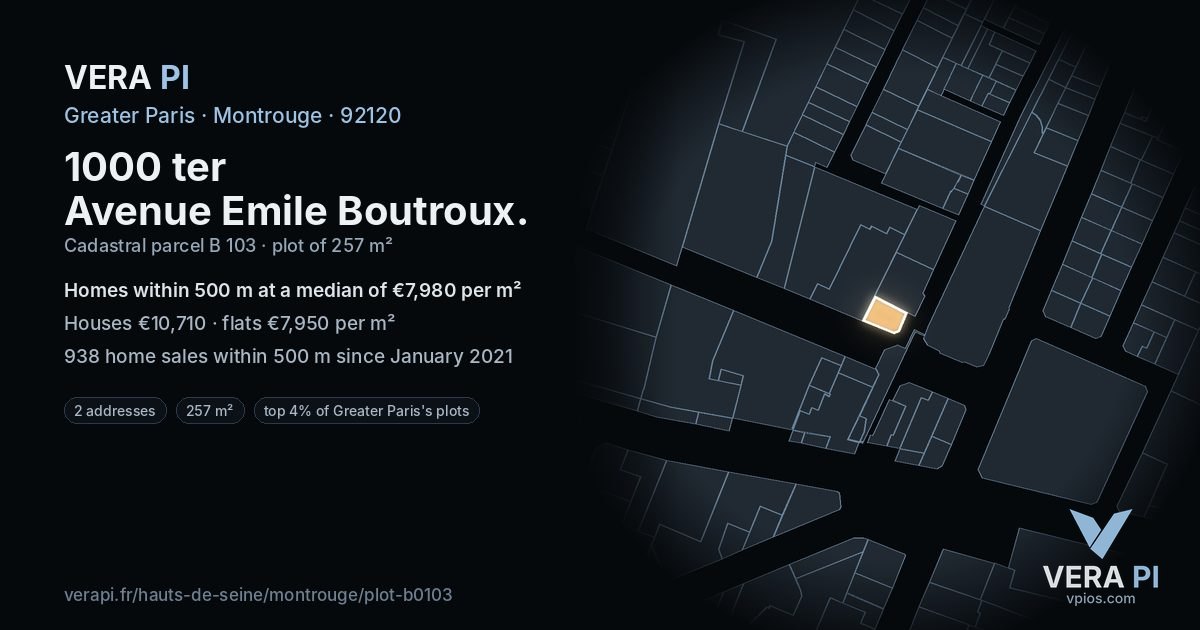 1000 ter Avenue Emile Boutroux, Montrouge at night – the plot lit, the parcels around coloured by the prices near them
