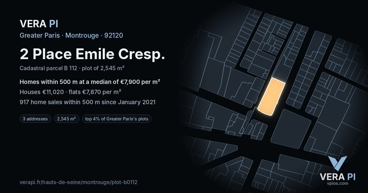 2 Place Emile Cresp, Montrouge at night – the plot lit, the parcels around coloured by the prices near them