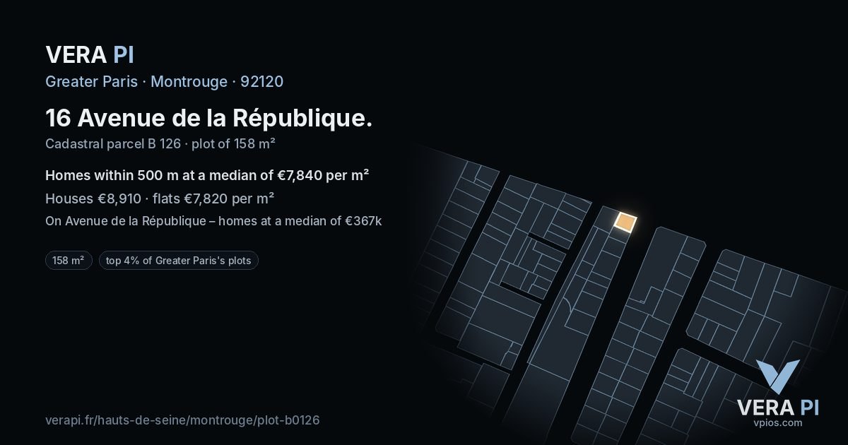 16 Avenue de la République, Montrouge at night – the plot lit, the parcels around coloured by the prices near them