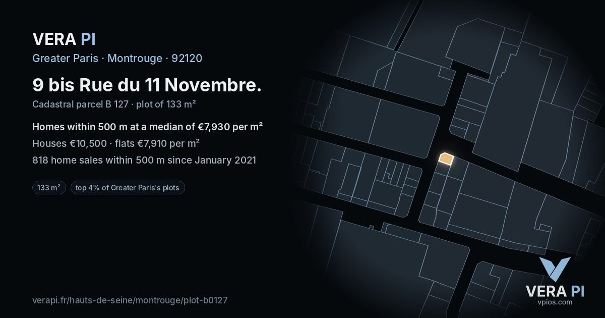 9 bis Rue du 11 Novembre, Montrouge at night – the plot lit, the parcels around coloured by the prices near them