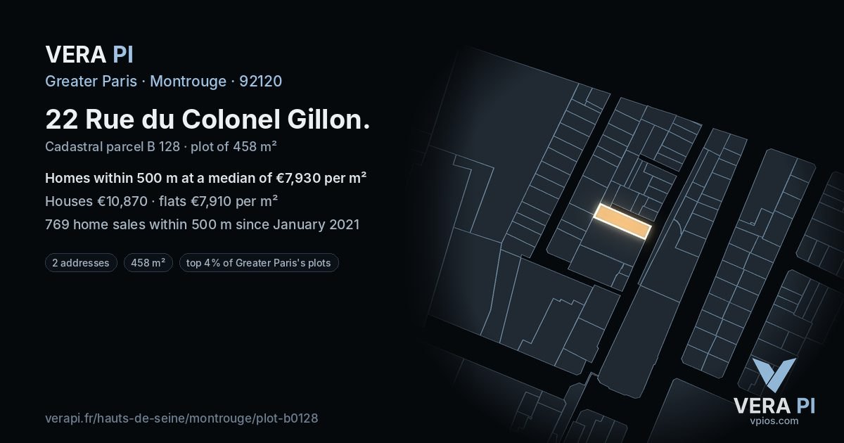 22 Rue du Colonel Gillon, Montrouge at night – the plot lit, the parcels around coloured by the prices near them