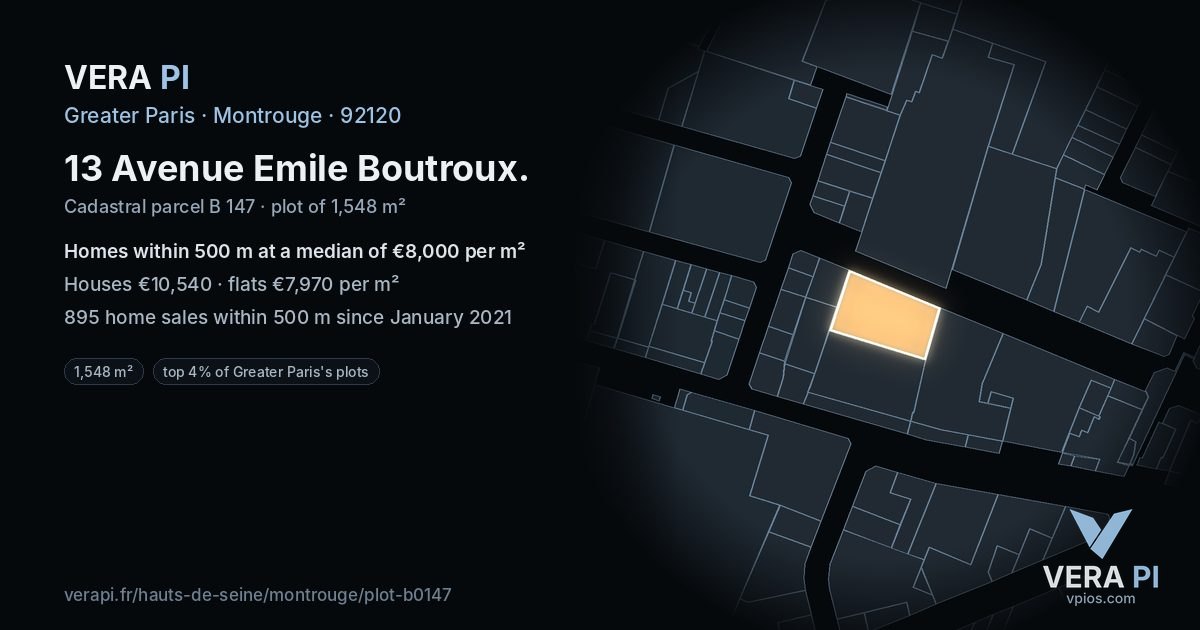 13 Avenue Emile Boutroux, Montrouge at night – the plot lit, the parcels around coloured by the prices near them
