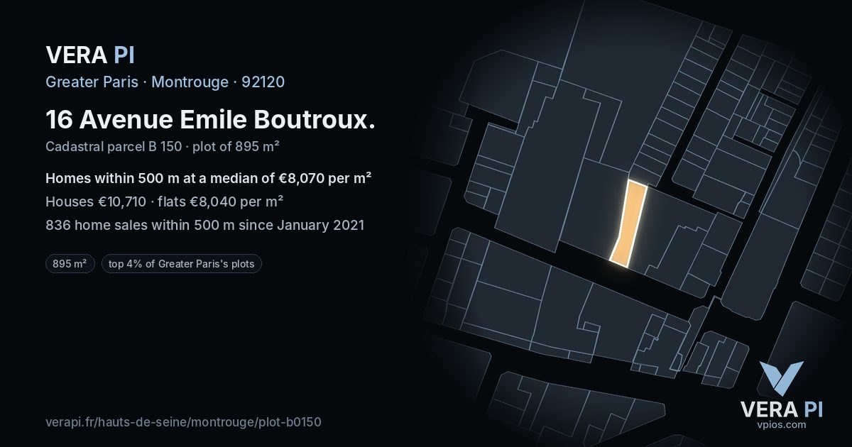 16 Avenue Emile Boutroux, Montrouge at night – the plot lit, the parcels around coloured by the prices near them