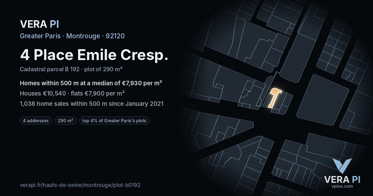 4 Place Emile Cresp, Montrouge at night – the plot lit, the parcels around coloured by the prices near them