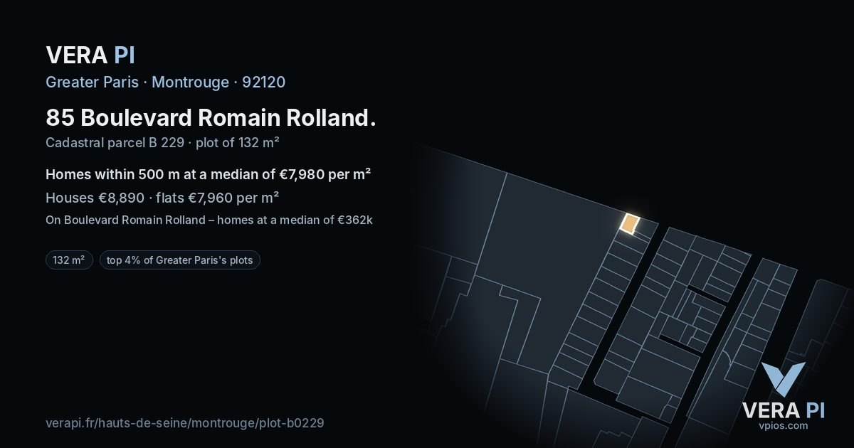 85 Boulevard Romain Rolland, Montrouge at night – the plot lit, the parcels around coloured by the prices near them