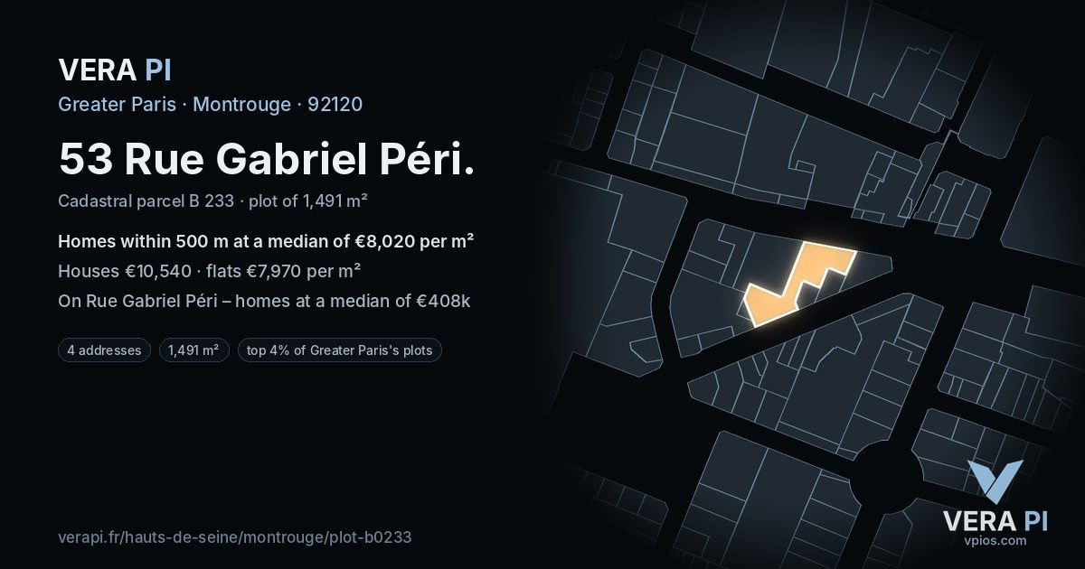53 Rue Gabriel Péri, Montrouge at night – the plot lit, the parcels around coloured by the prices near them