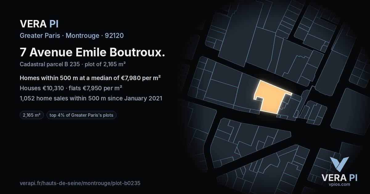 7 Avenue Emile Boutroux, Montrouge at night – the plot lit, the parcels around coloured by the prices near them