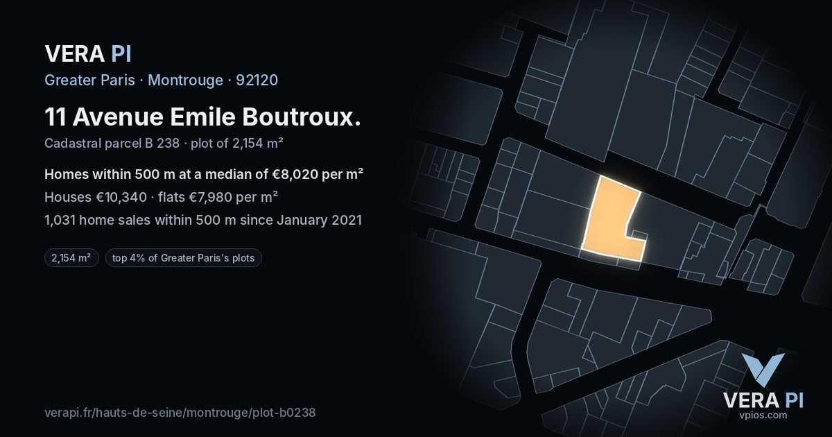 11 Avenue Emile Boutroux, Montrouge at night – the plot lit, the parcels around coloured by the prices near them