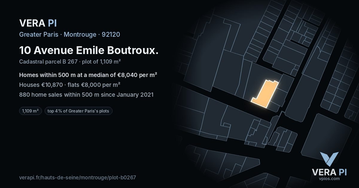 10 Avenue Emile Boutroux, Montrouge at night – the plot lit, the parcels around coloured by the prices near them