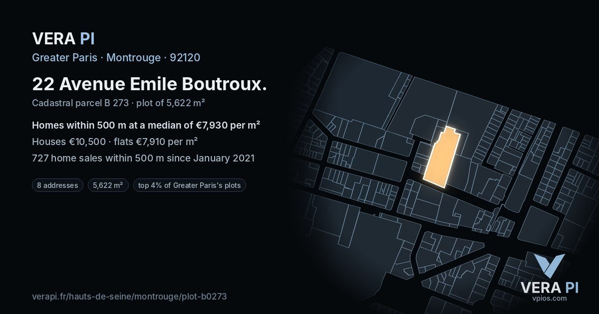 22 Avenue Emile Boutroux, Montrouge at night – the plot lit, the parcels around coloured by the prices near them