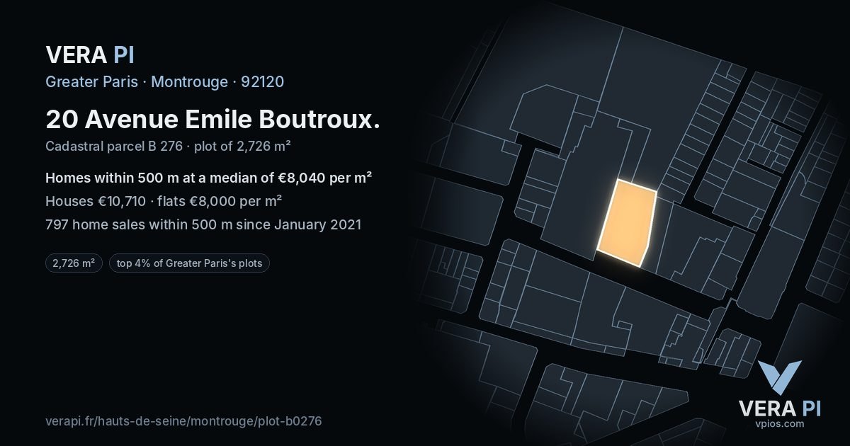 20 Avenue Emile Boutroux, Montrouge at night – the plot lit, the parcels around coloured by the prices near them