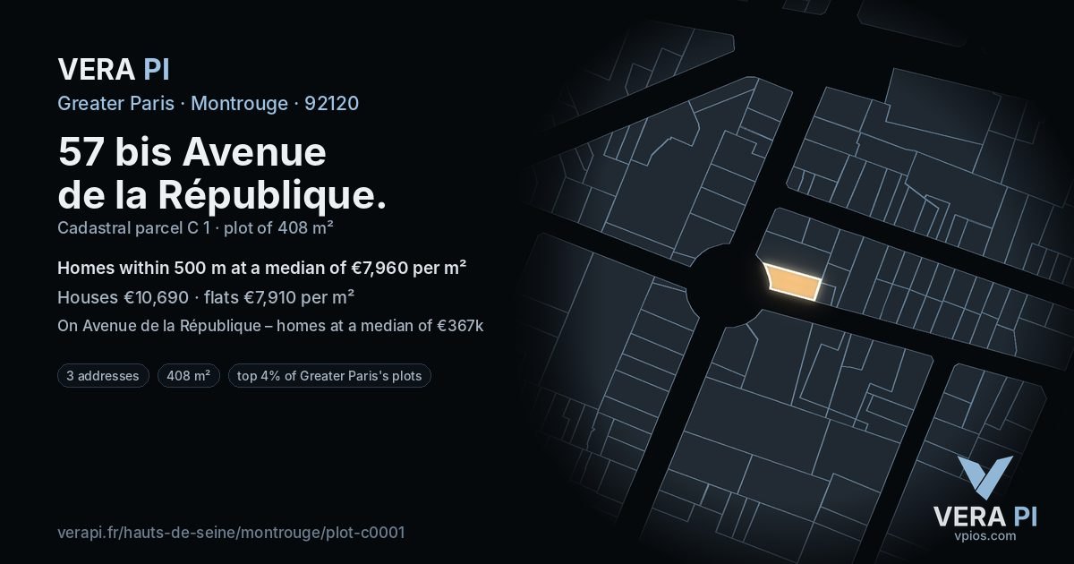 57 bis Avenue de la République, Montrouge at night – the plot lit, the parcels around coloured by the prices near them