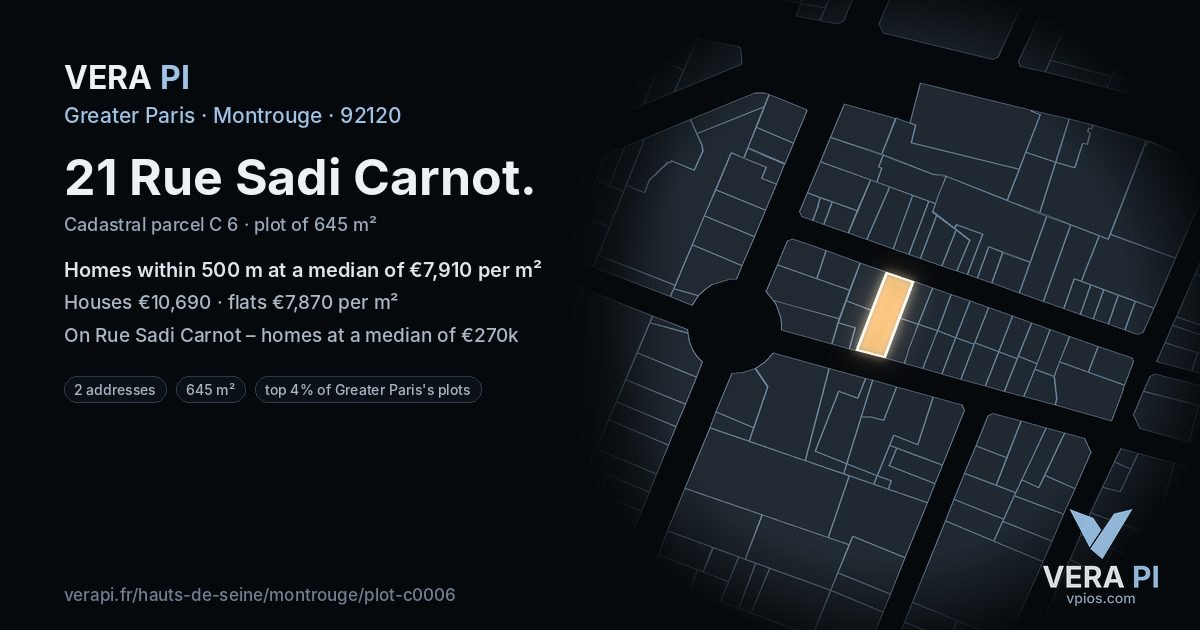 21 Rue Sadi Carnot, Montrouge at night – the plot lit, the parcels around coloured by the prices near them
