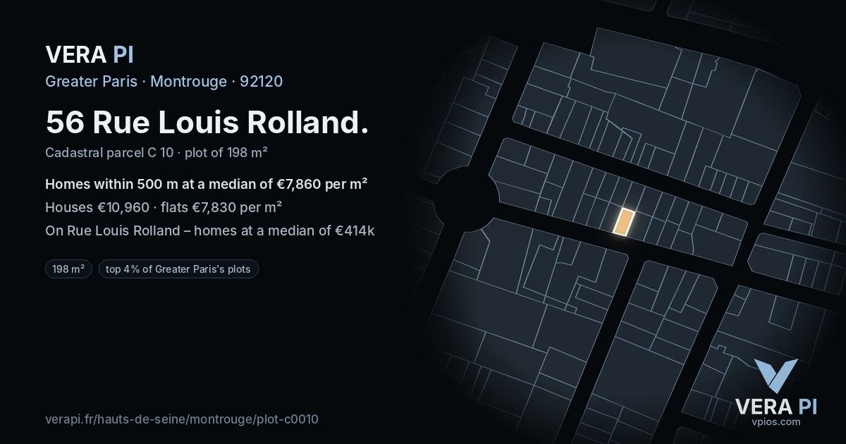 56 Rue Louis Rolland, Montrouge at night – the plot lit, the parcels around coloured by the prices near them