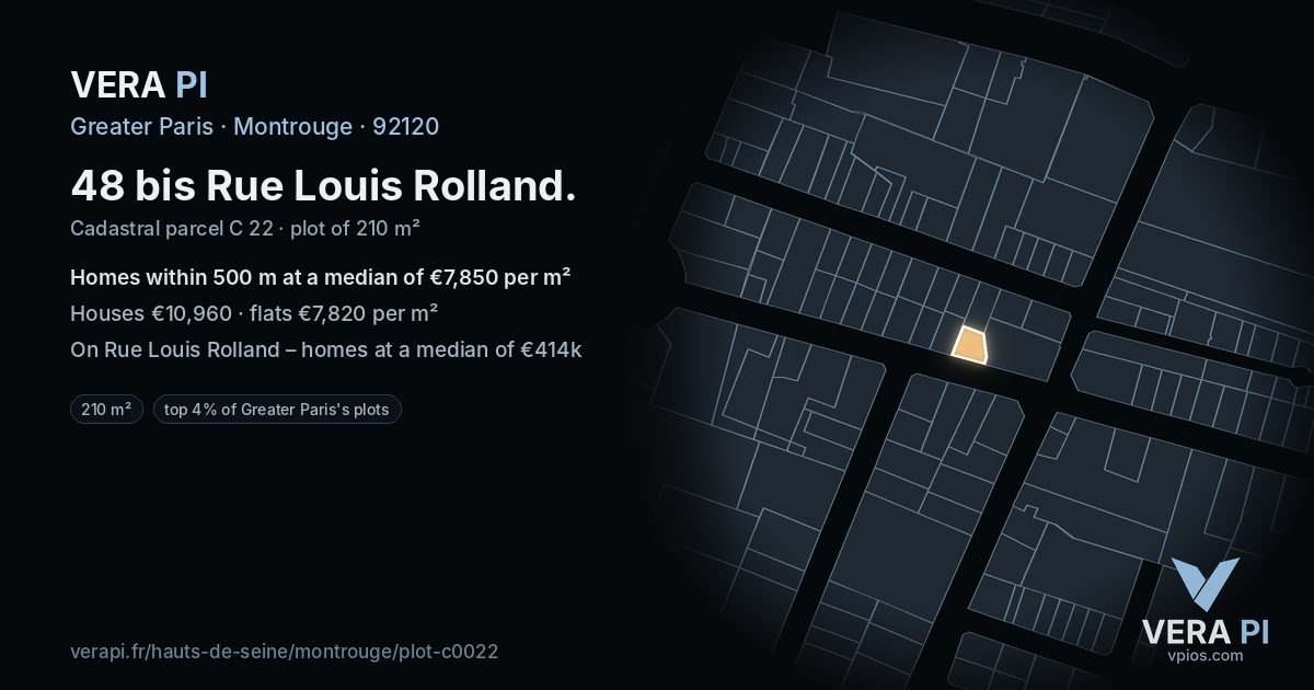 48 bis Rue Louis Rolland, Montrouge at night – the plot lit, the parcels around coloured by the prices near them