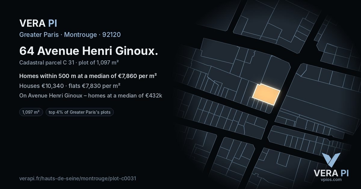 64 Avenue Henri Ginoux, Montrouge at night – the plot lit, the parcels around coloured by the prices near them