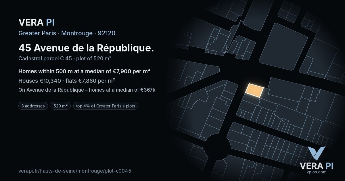 45 Avenue de la République, Montrouge at night – the plot lit, the parcels around coloured by the prices near them
