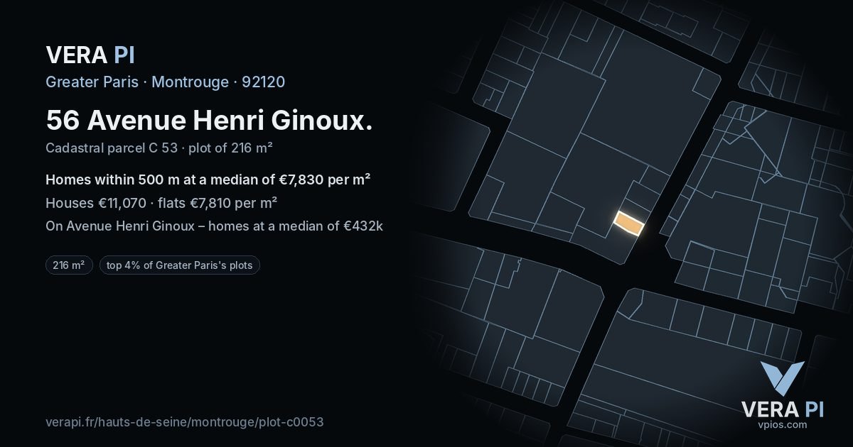 56 Avenue Henri Ginoux, Montrouge at night – the plot lit, the parcels around coloured by the prices near them