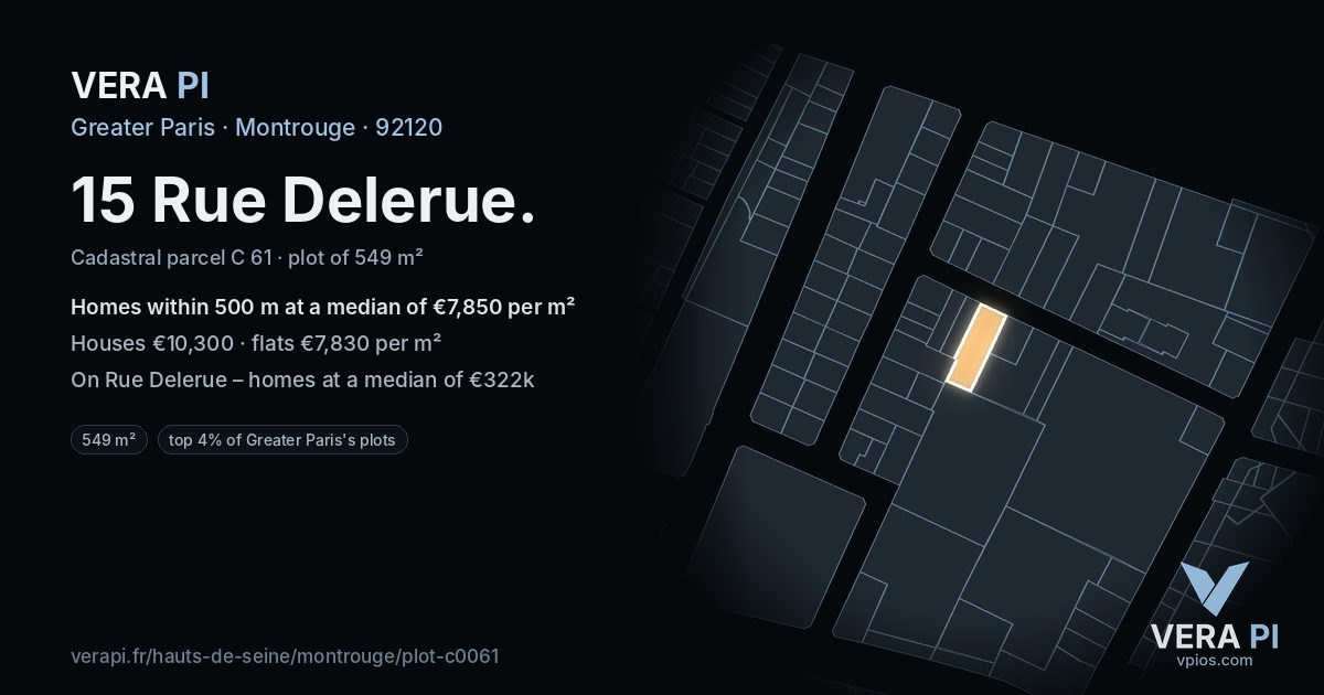 15 Rue Delerue, Montrouge at night – the plot lit, the parcels around coloured by the prices near them