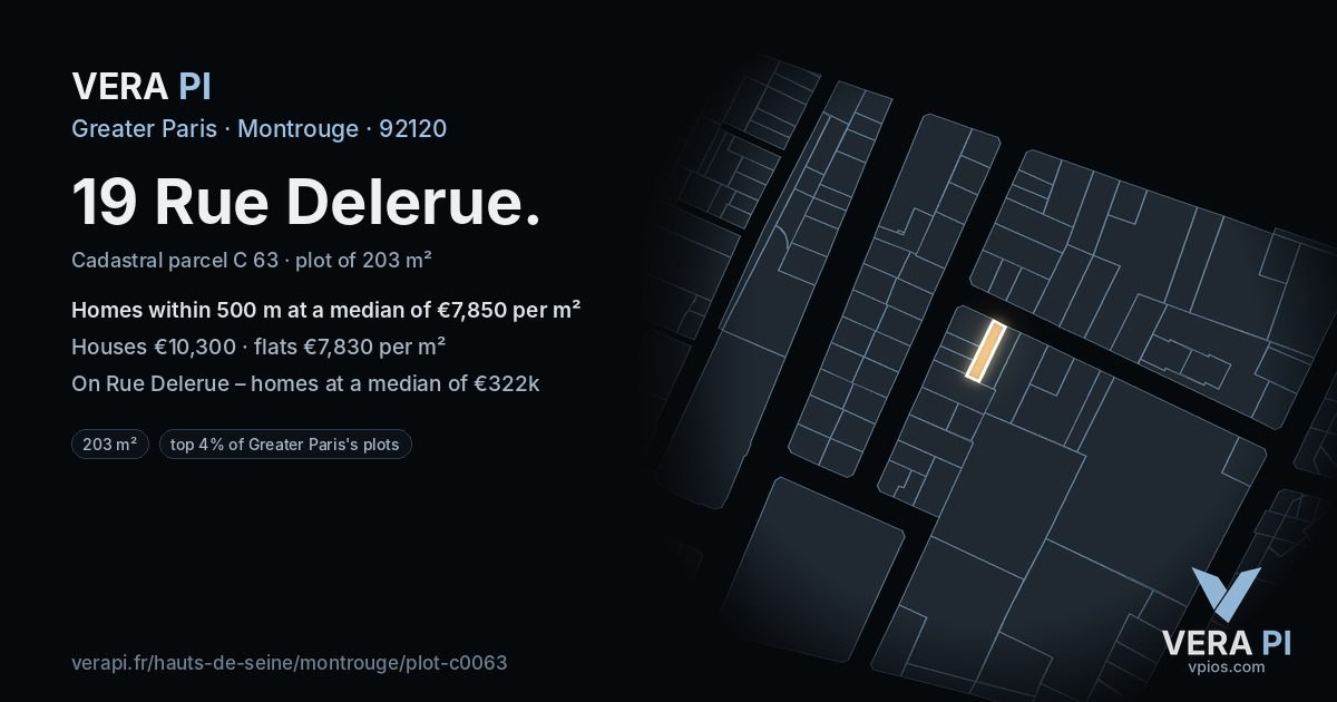 19 Rue Delerue, Montrouge at night – the plot lit, the parcels around coloured by the prices near them