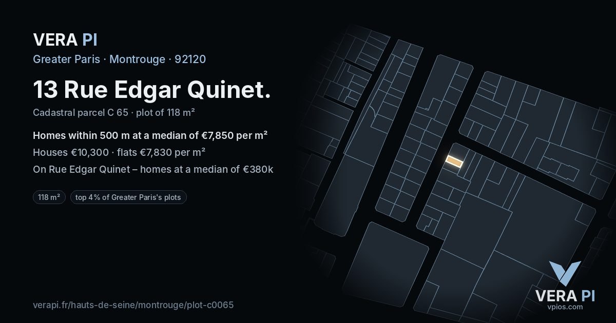 13 Rue Edgar Quinet, Montrouge at night – the plot lit, the parcels around coloured by the prices near them