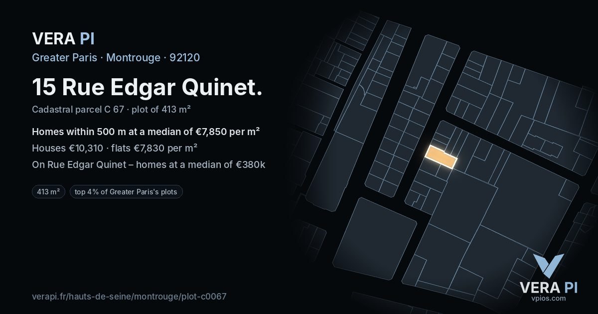 15 Rue Edgar Quinet, Montrouge at night – the plot lit, the parcels around coloured by the prices near them