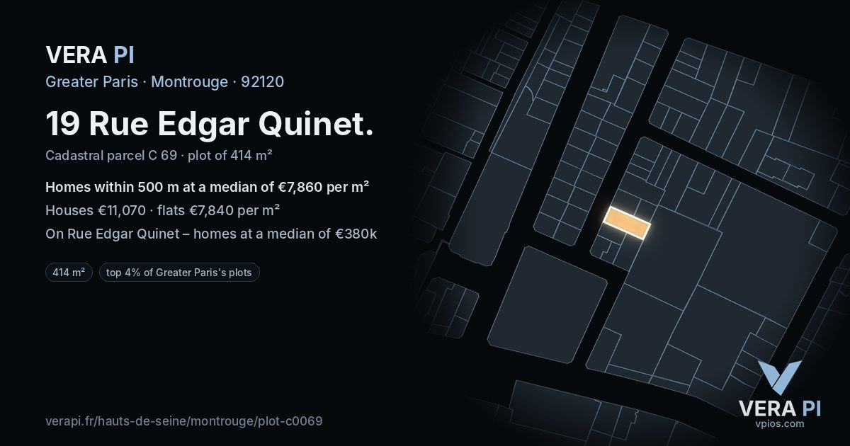 19 Rue Edgar Quinet, Montrouge at night – the plot lit, the parcels around coloured by the prices near them