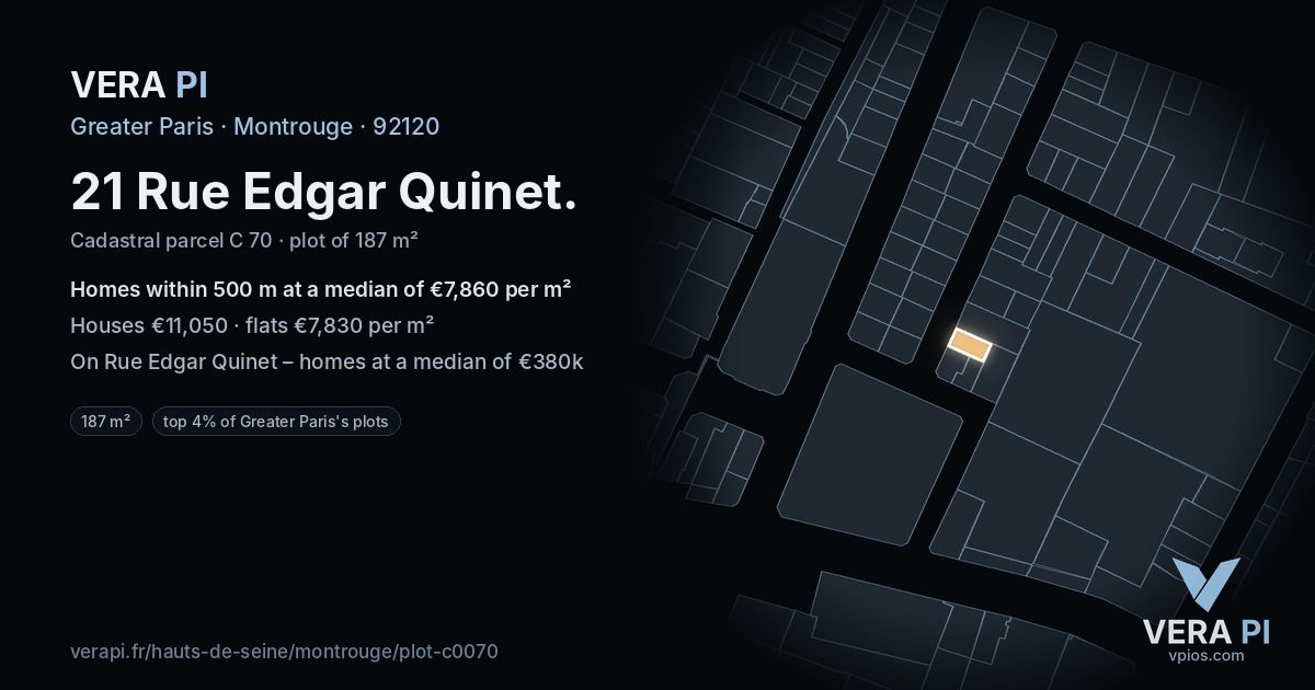 21 Rue Edgar Quinet, Montrouge at night – the plot lit, the parcels around coloured by the prices near them