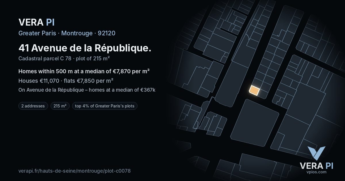 41 Avenue de la République, Montrouge at night – the plot lit, the parcels around coloured by the prices near them