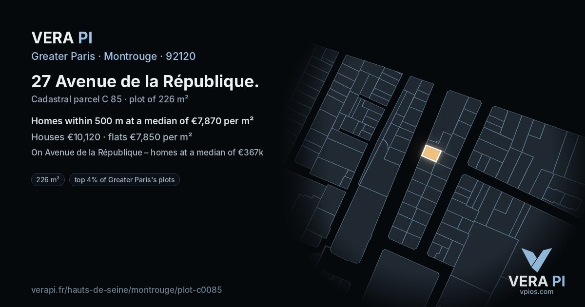27 Avenue de la République, Montrouge at night – the plot lit, the parcels around coloured by the prices near them