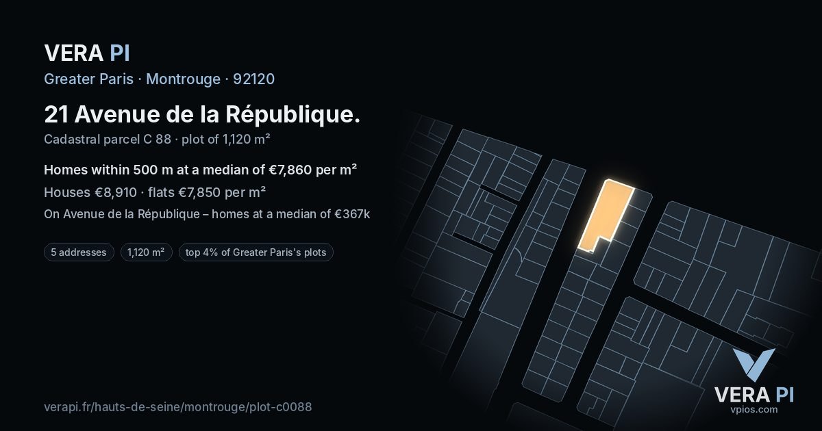 21 Avenue de la République, Montrouge at night – the plot lit, the parcels around coloured by the prices near them