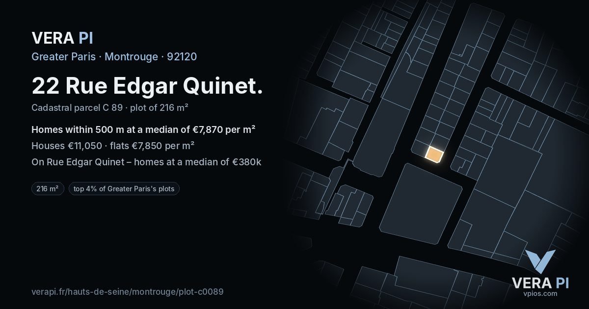 22 Rue Edgar Quinet, Montrouge at night – the plot lit, the parcels around coloured by the prices near them