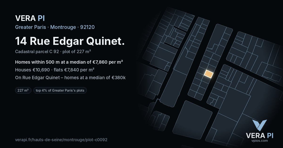 14 Rue Edgar Quinet, Montrouge at night – the plot lit, the parcels around coloured by the prices near them