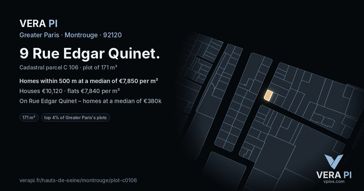 9 Rue Edgar Quinet, Montrouge at night – the plot lit, the parcels around coloured by the prices near them