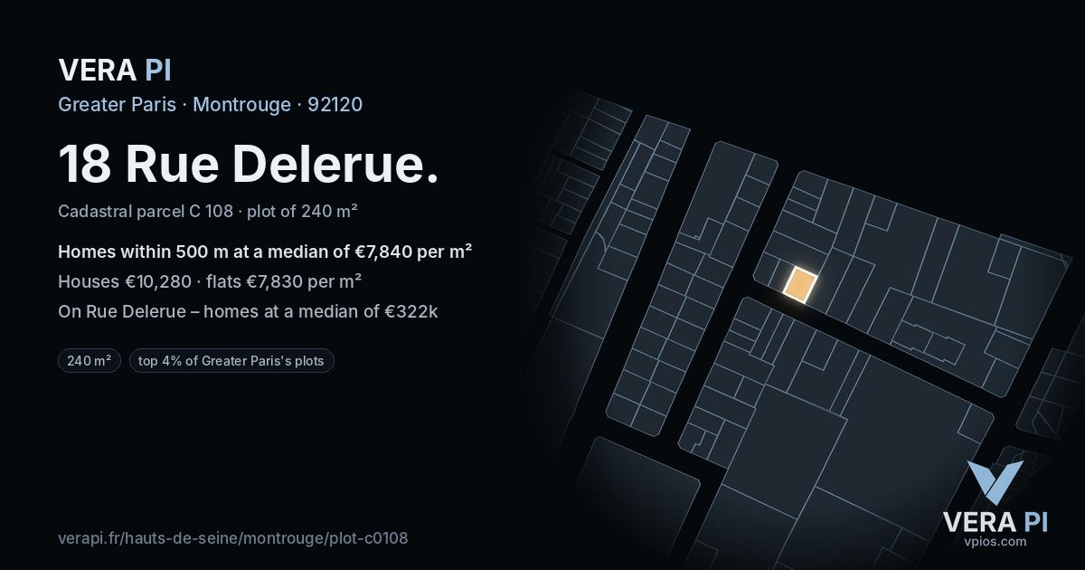 18 Rue Delerue, Montrouge at night – the plot lit, the parcels around coloured by the prices near them