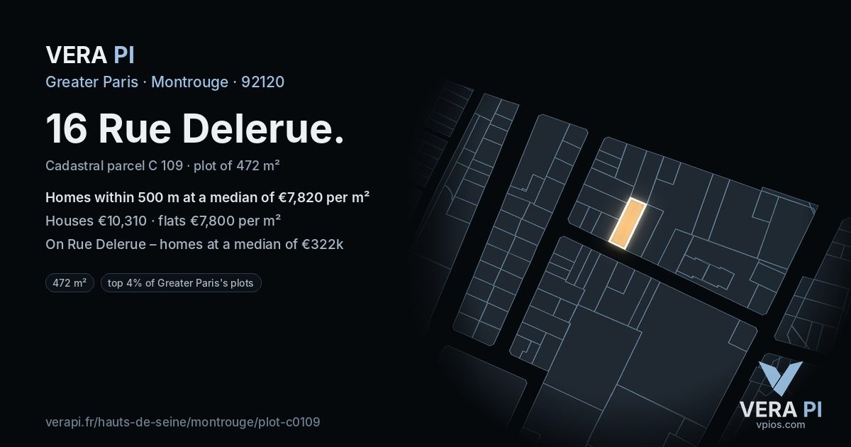 16 Rue Delerue, Montrouge at night – the plot lit, the parcels around coloured by the prices near them
