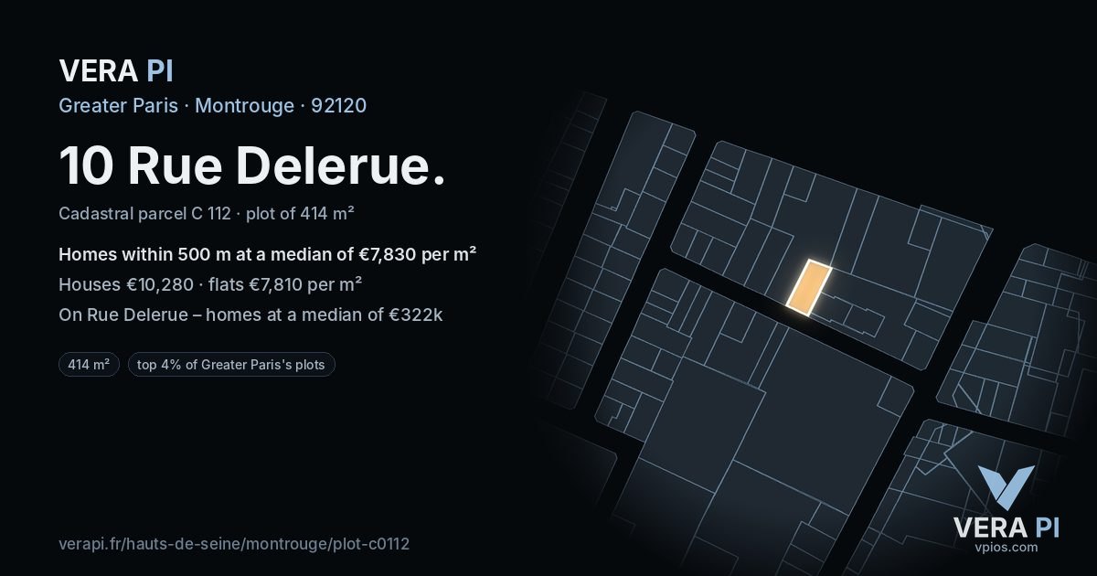 10 Rue Delerue, Montrouge at night – the plot lit, the parcels around coloured by the prices near them