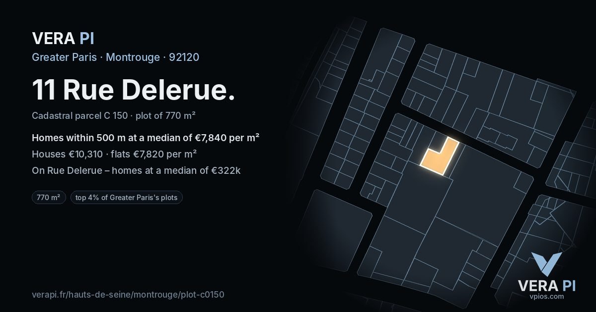 11 Rue Delerue, Montrouge at night – the plot lit, the parcels around coloured by the prices near them
