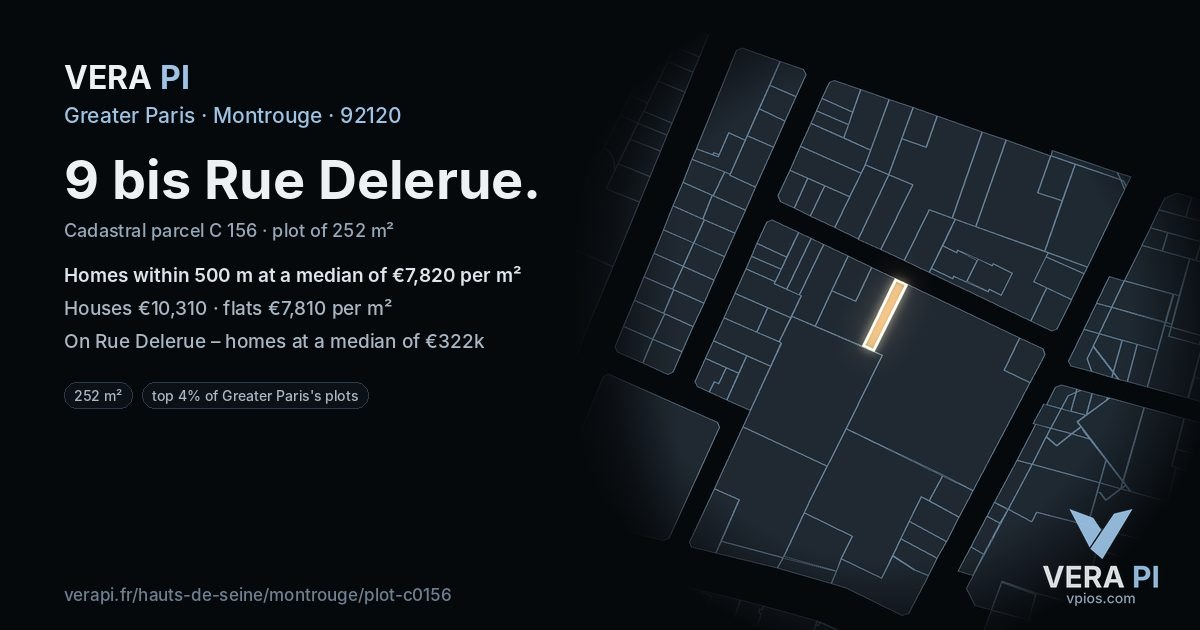 9 bis Rue Delerue, Montrouge at night – the plot lit, the parcels around coloured by the prices near them
