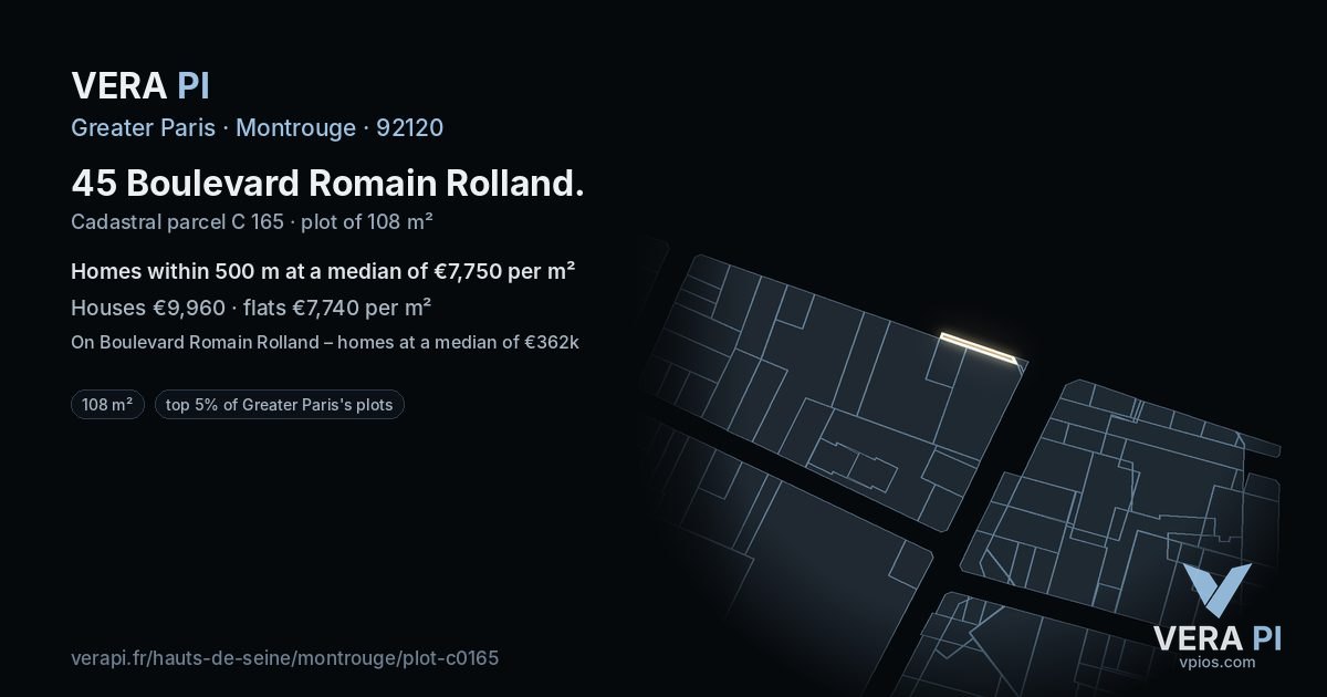 45 Boulevard Romain Rolland, Montrouge at night – the plot lit, the parcels around coloured by the prices near them